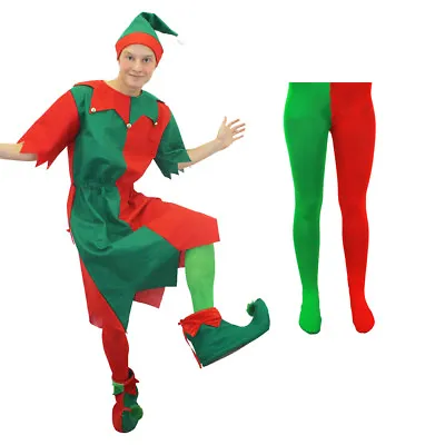 Mens Elf Costume Tunic Tights Adults Santas Little Helper Christmas Fancy Dress • £11.99