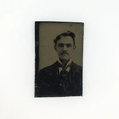 Popped Collar Necktie Man Tintype C1870 Antique Mustache Guy Gem Photo A3620 • $19.95