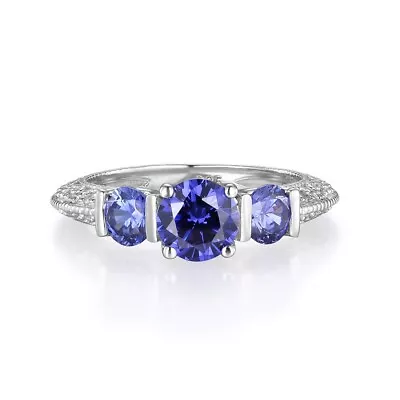 Ladies Art Deco Style Sterling 925 Fine Silver 3 Stone Tanzanite Eternity Ring • £17.99