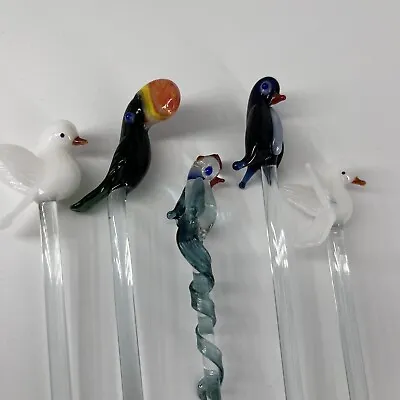 Murano Art Glass Swizzle Stick Drink Stirrers Dove Toucan Penguin Parrot Birds 5 • $33.15