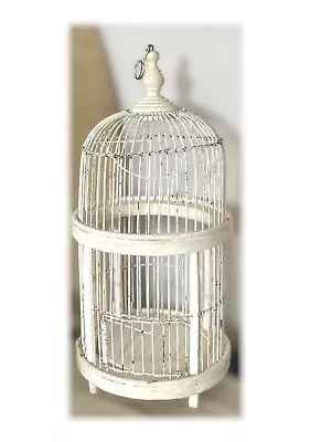 Vintage Decorative Dome Bird Cage Distressed White Painted Wood & Wire 21  X 9  • $25