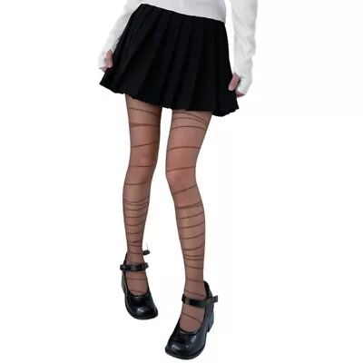 Women Girl Asymmetrical Horizontal Striped Pantyhose Punk Patterned Silky Tights • £5.59