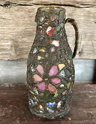 Antique Memoryware Jug Bottle Flower Folk Art Make Do Handle Memory Ware • $235