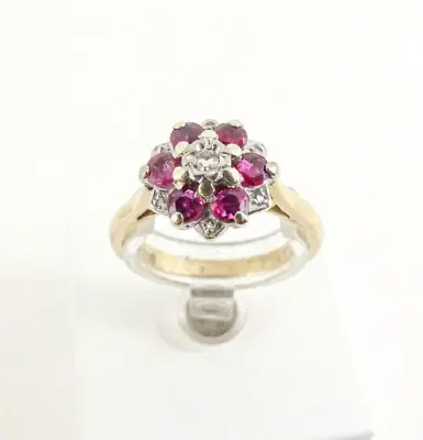 9ct Gold Ruby & Diamond Cluster Ring Hallmarked  Size N With Gift Box • £138