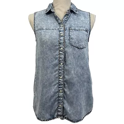 Denim Co Shirt Womens Collared Sleeveless Snap Button Up Acid Wash Chambray 4 S • £24.33