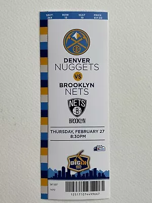 2014 Brooklyn Nets At Denver Nuggets Ticket 2/27/14 • $7.50