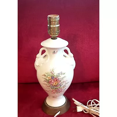 Vintage Floral Swan Handle Ceramic Table Lamp White Pink Leviton 13  Brass Base • $35.20