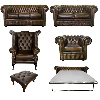 £639.99 • Buy Genuine Leather Antique Brown Chesterfield Sofa Settee 3 2 Seater Armchair Stool