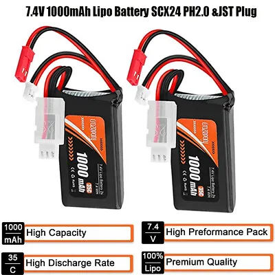 2Pcs 7.4V Lipo Battery 2S 1000mAh PH2.0 &JST Plug For Axial SCX24 1/10 1/18 1/24 • £15.19