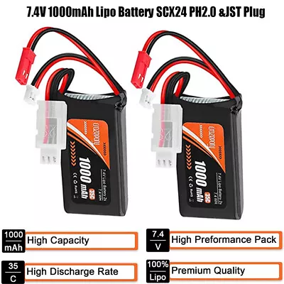 2Pcs 7.4V Lipo Battery 2S 1000mAh PH2.0 &JST Plug For Axial SCX24 1/10 1/18 1/24 • £15.99