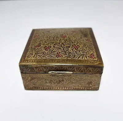 Vintage Brass Spice Tea Box Trinket Jewelry Case Wood Interior India 1996 Patina • $21.24