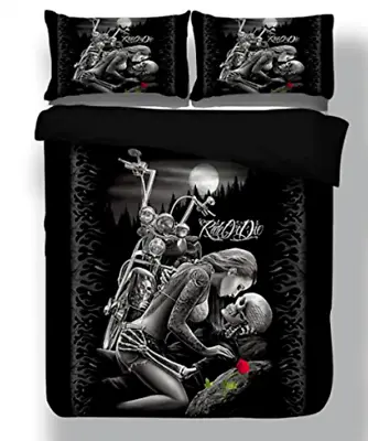 £32.99 • Buy 3Pcs Gothic Skull Rose Bike Duvet Quilt Cover Ride Or Die Bedding Set King Size