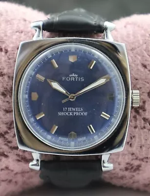 Vintage FORTIS Men Hand Winding 17 J Blue Dial Leather Band Swiss Made Watch • $24.99