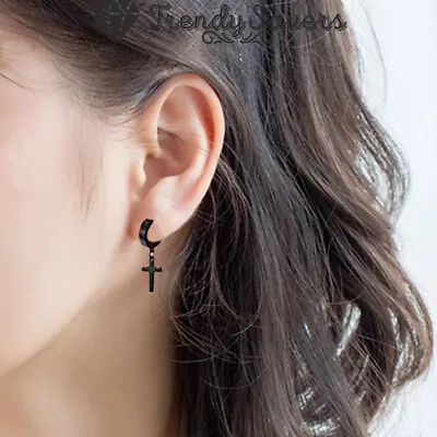 Black Cross Dangle Hinged Hoop Earrings Surgical Steel For Men Women Teen Girls • £3.99