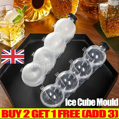 Ice Cube Mould Bar Silicone 4 Balls Maker Mold Sphere Large Tray Whiskey Summer • £2.99