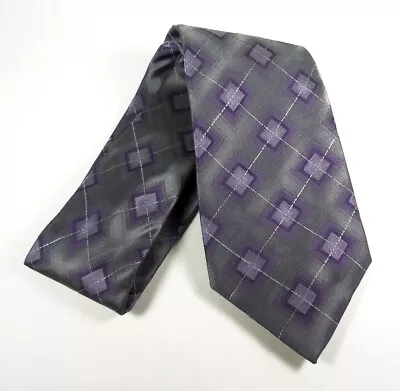 VAN HEUSEN Geometric Plaid Silk Tie - Gray And Purple • $14.96