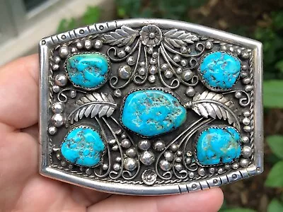 Incredible Vintage Turquoise & Sterling Silver Southwestern Navajo Belt Buckle • $54