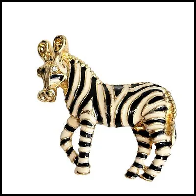 Vintage Gold Tone Enamel Striped Zebra Black White Brooch Pin • $9.48