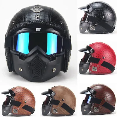 Leather Motorcycle Half Face Helmet Goggles Mask Detachable Biker Pilot DOT NEW • $79.99