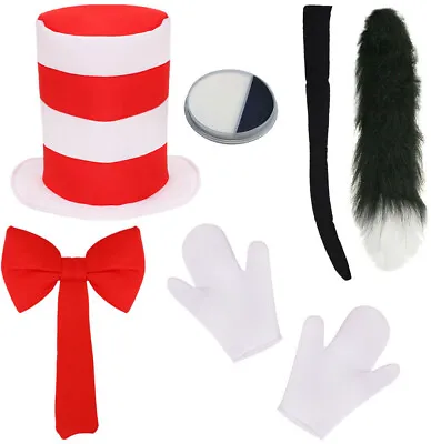 Crazy Cat In Hat Costume Set World Book Day Hat Gloves Tie Tail Adults Kids • £14.99