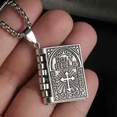 Vintage Cross Bible Book Unisex Customize Charm Pendant 14k White Gold Plated • $182.39