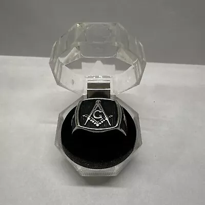 Freemasonry Large Silver  Black Stainless Steel Size 12 Mens Free Mason G Ring • $19.90