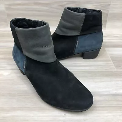 Mephisto Women's Sz 10 Black Grey Blue Soft Suede Ankle Boots 1 1/2  Heel Zip-Up • $42.74