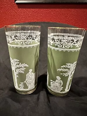 7 Vintage Jeanette Wedgewood Green Hellenic Greek Roman Drinking Glasses • $25