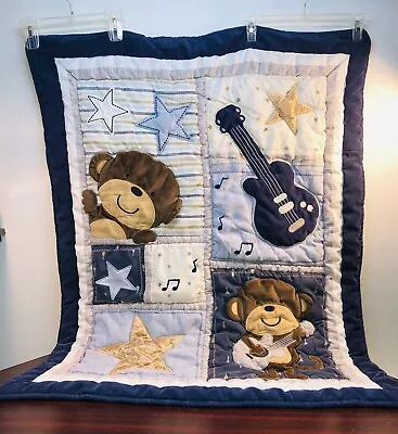 Carters Baby Blanket Monkey Rock Star Comforter Quilt Blue Corduroy • $37.96