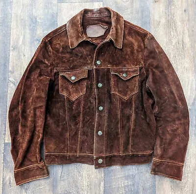 VTG 60s-70s Mens Ibex Of England Heavy Suede Leather Trucker Jacket Brown Small • $70