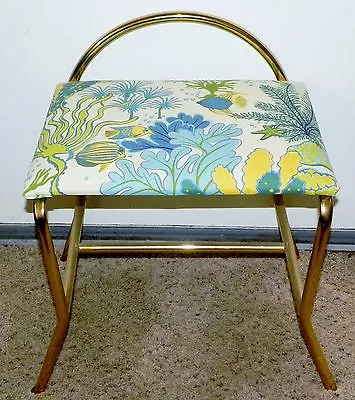 Vintage Brass Vanity Seat Chair Bench Blue Yellow Nautical Brass Flare Legs  • $99.95