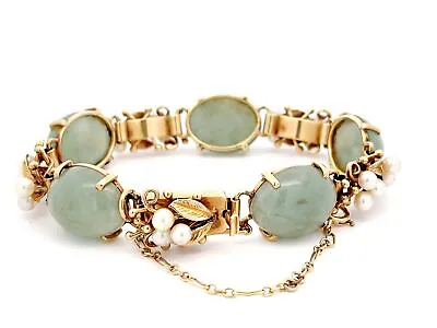 Mings Hawaii Jade And Pearl Leaf Bracelet In 14K Yellow Gold • $3995