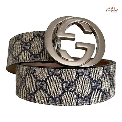 Authentic Gucci Beige/Blue GG Supreme Silver Interlocking G Buckle Belt 85/34 • $350