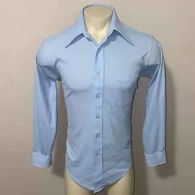 Mens Van Heusen Shirt Splendor Knit Polyester Vtg 60s 70s Disco Blue Large 16.5 • $59.43