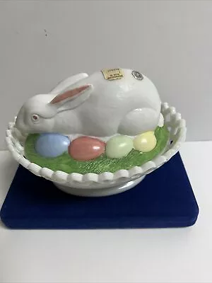 Westmoreland Milk Glass Bunny Rabbit On Nest With Colored Easter Eggs Candy Dish • $68