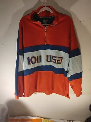 Vintage Retro 90's I.O.U.  USA  1/4 ZIP Orange/ Blue  FLEECE SWEATSHIRT Large • $14.99