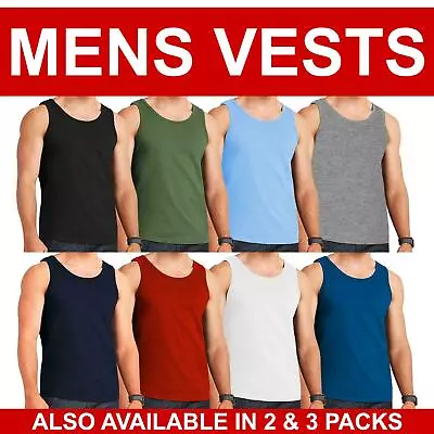 Mens Vest Tops 100% Cotton Plain Classic Vests Summer Training Gym Tank Top Pack • £6.99