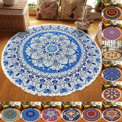 Round Carpet Rug Floor Mats Mandala Style Floral Tassels Foldable Soft Cozy • £14.26