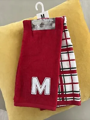 St. Nicholas Square M Monogram Hand Towel 2 Pack Set New With Tags Red Plaid • $6.89