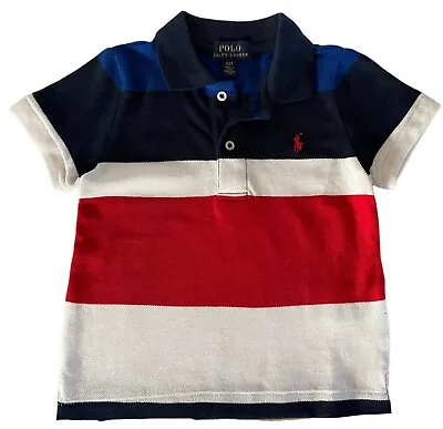 Boys Ralph Lauren Polo T Shirt Striped White Red Blue Cotton Mesh Age 2 2T • £9.99