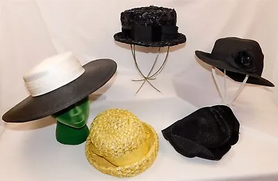 Vtg Womens Hat LOT Millinery 5 Pc Straw Black White Yellow • $59.95