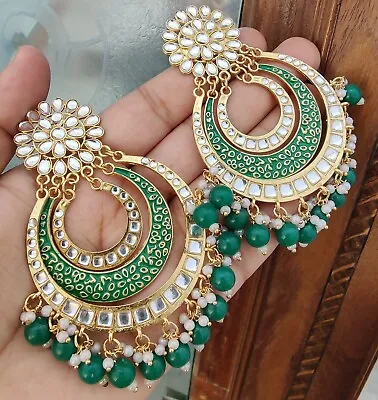 Indian Gold Plated Bollywood Style Kundan Chandbali Earrings Green Jewelry Set • $29.99