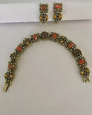 Vtg Marbled Orange Cabochon Citrine  Glass Rhinestone Bracelet Earrings Set • $9.99