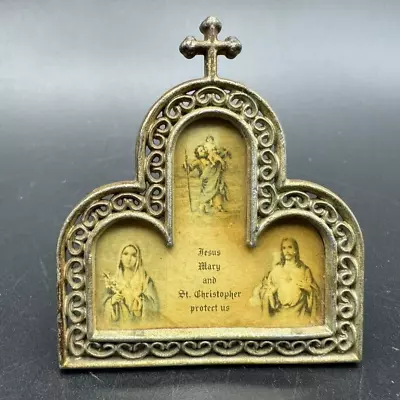 Vtg Jesus Mary And St Christopher Pray For Us Pin Frame Metal Image Behind Glass • $22.95