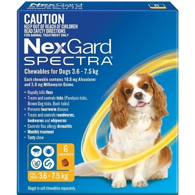 Nexgard Spectra For Small Dogs 6 Pack Size 3.6-7.5kg In Yellow • $89.99