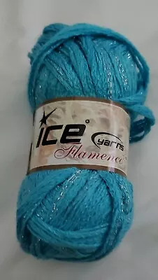 ICE Yarns FLAMENCO 100g Skein Ruffle Yarn * Made In Turkey * Aqua Blue + Silver • $6.50