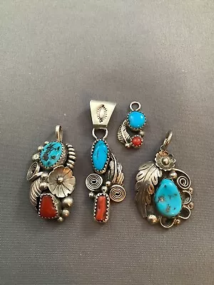 Old Pawn 4 Turquoise Coral Navajo Native American Sterling Silver Pendants • $52