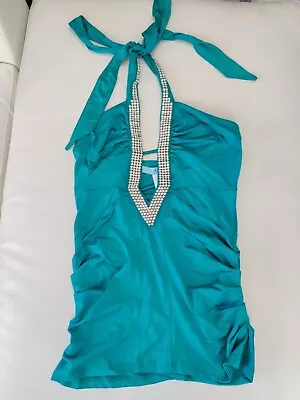 Guess Marciano Embellished Rhinestones Halter Top Teal XS New No Tag Y2K Fashion • $34.99