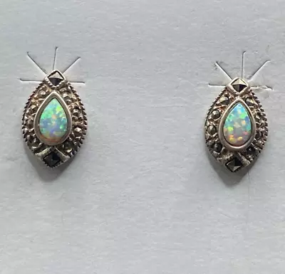 Vintage Sterling Silver Opal Marcasite Earrings • $19.60