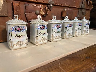 Vintage Czechoslovakia Victoria China Pearl Lusterware Canister Spice Set Of (6) • $60